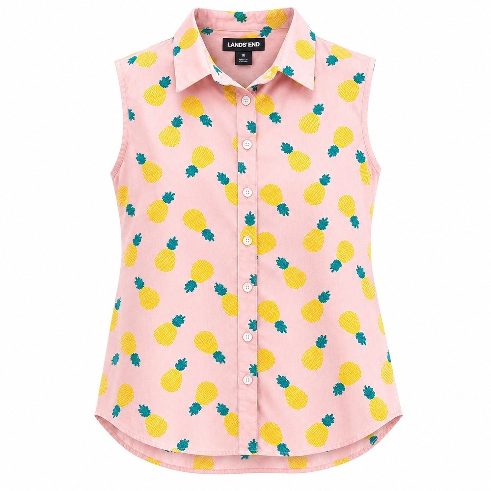 Lands End‎ Womens Pink Pineapple Print No Iron Supima Cotton Sleeveless Shirt 18